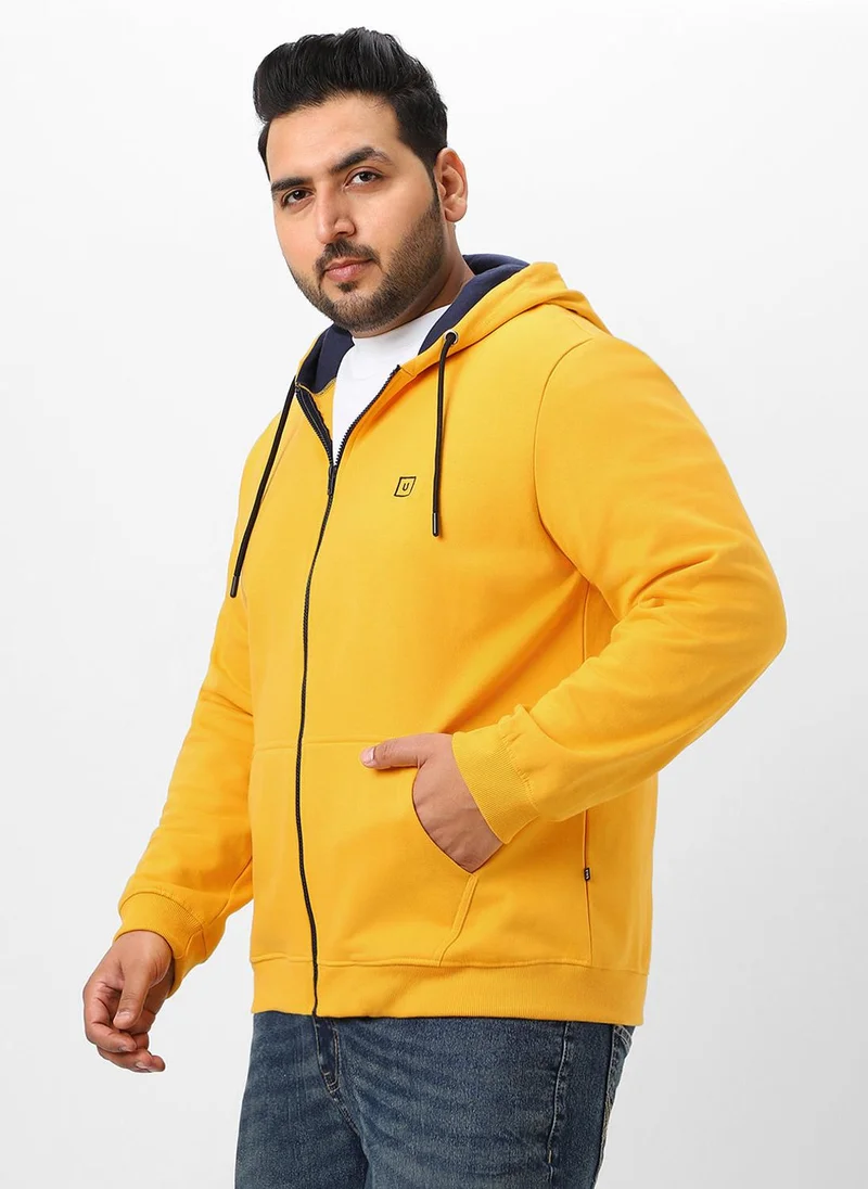 Urbano Fashion  Urbano Plus Men's Yellow Solid Cotton Zippered Hooded Casual Winterwear Sweatshirt for Men | Best Price UAE